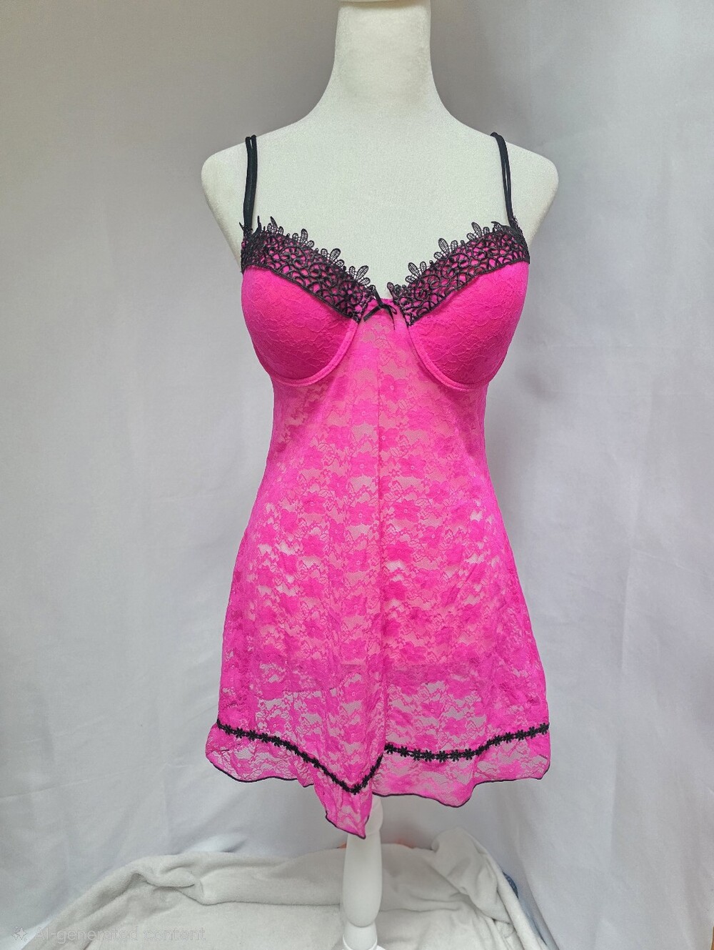 Hot Pink Lace Babydoll Chemise Lingerie Black Trim Padded Cups Adjustable Straps